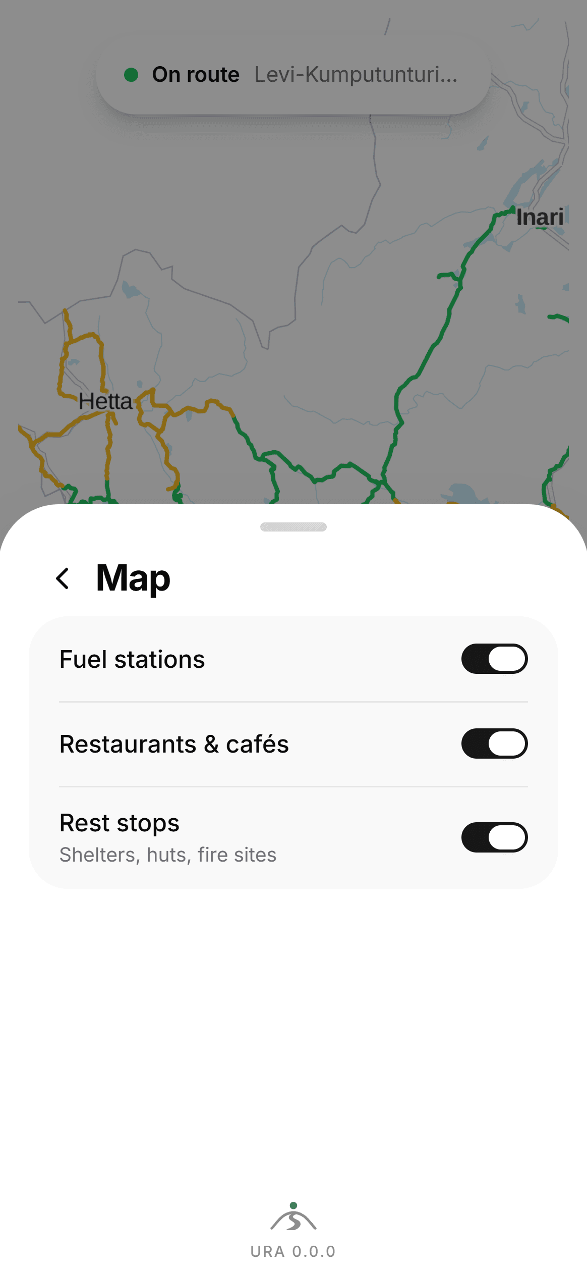 The Map settings page: fuel stations, restaurants and cafés, and rest stops, each a switch.