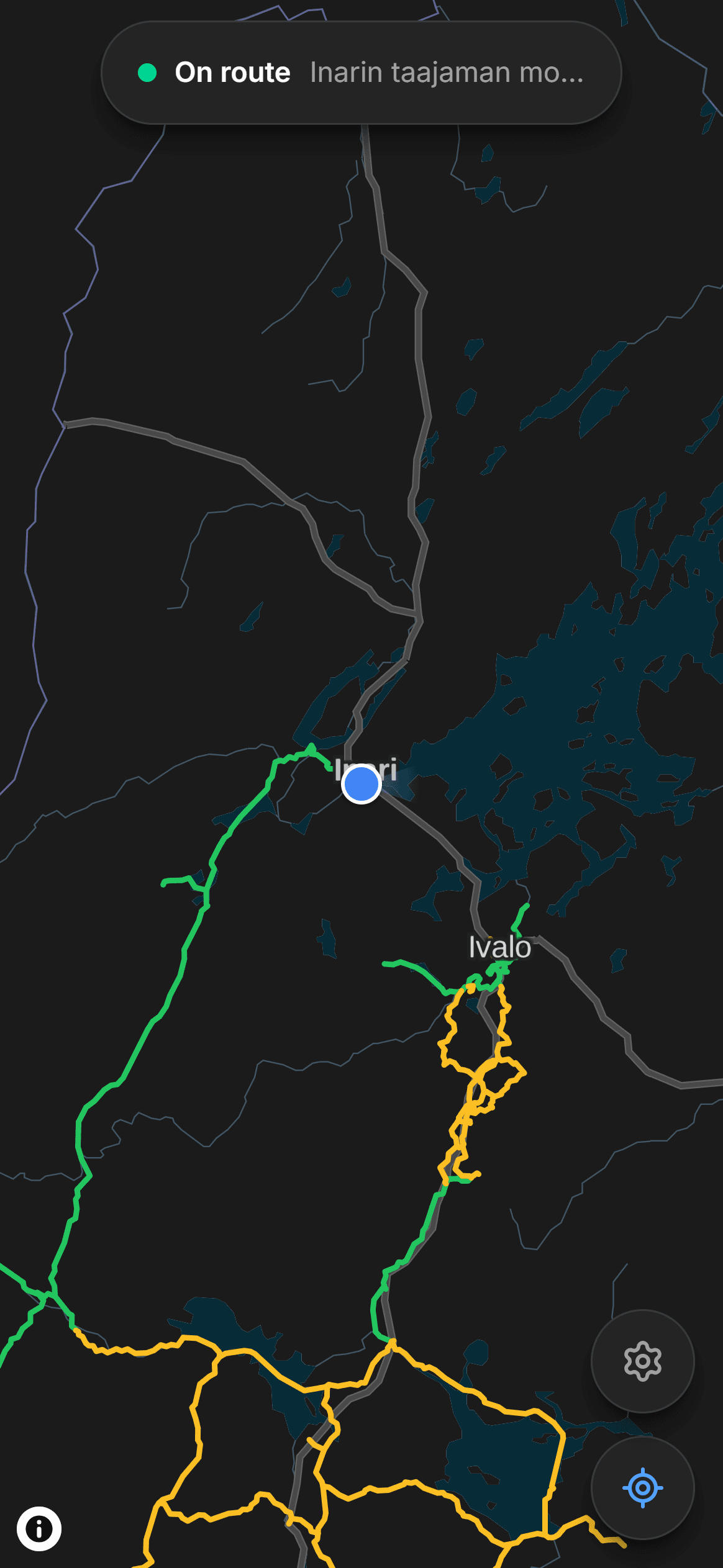 The app near Inari: the rider on the town routes, Lake Inari to the east.