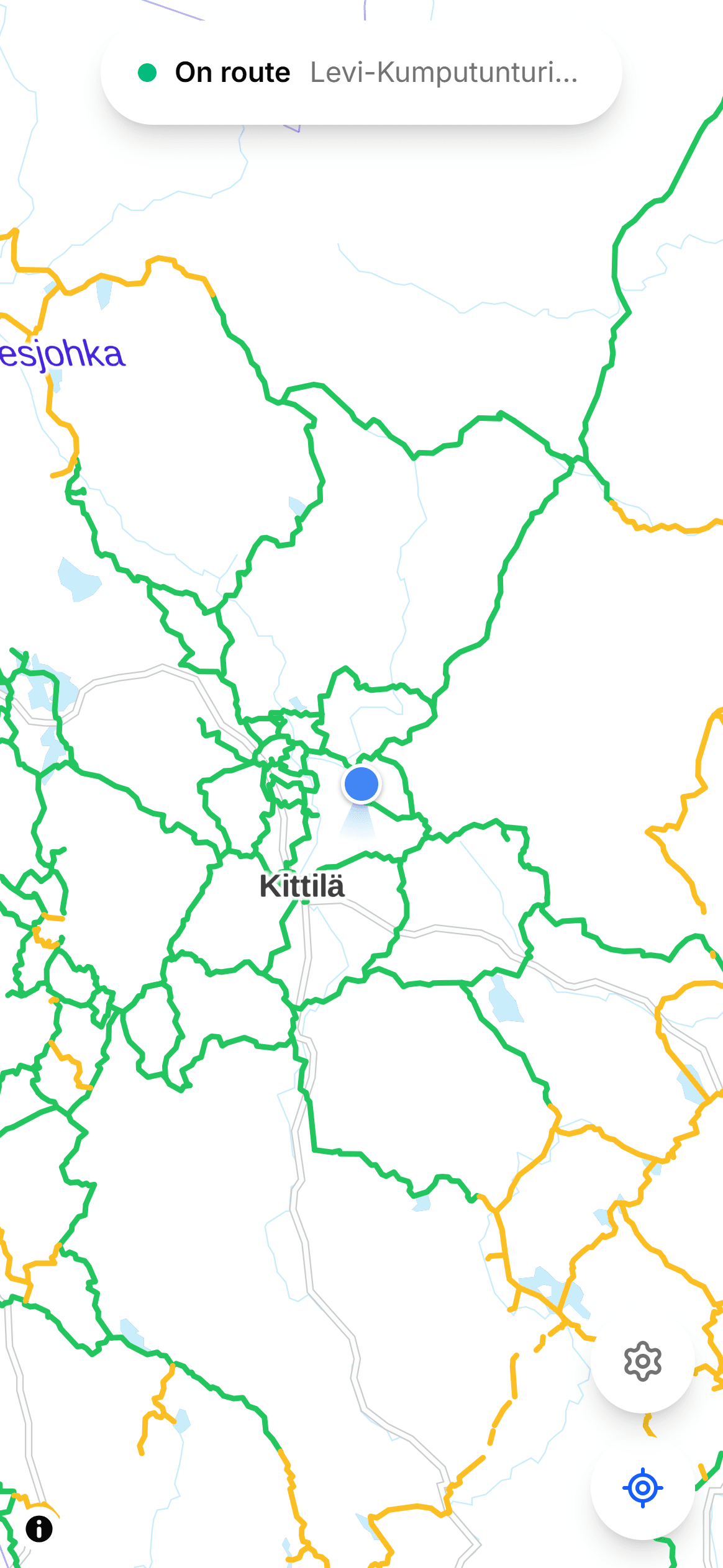 The app on the map: a green “On route” chip above it, the rider on the Levi–Kumputunturi route near Kittilä.