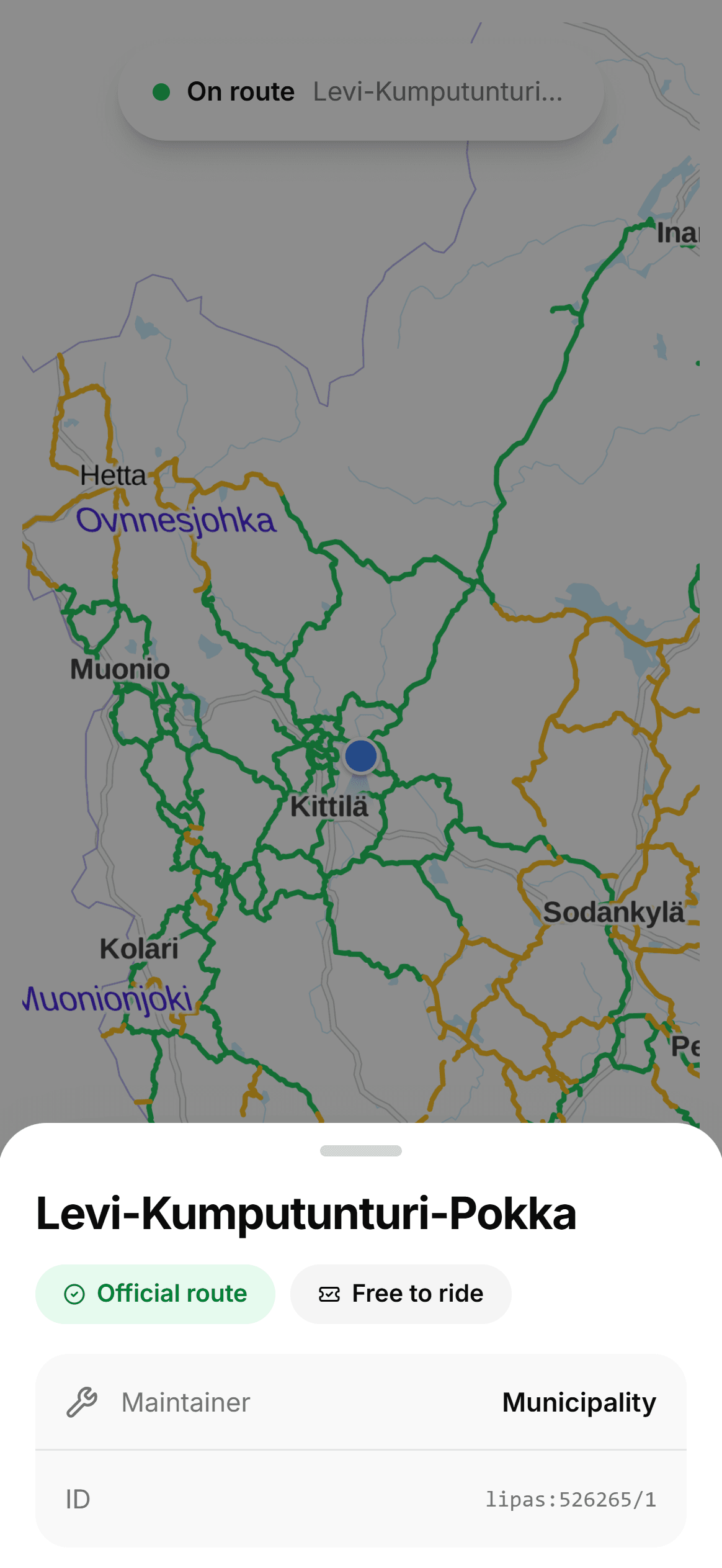 A route sheet: the Levi–Kumputunturi–Pokka official route, marked “Free to ride”, and who maintains it.